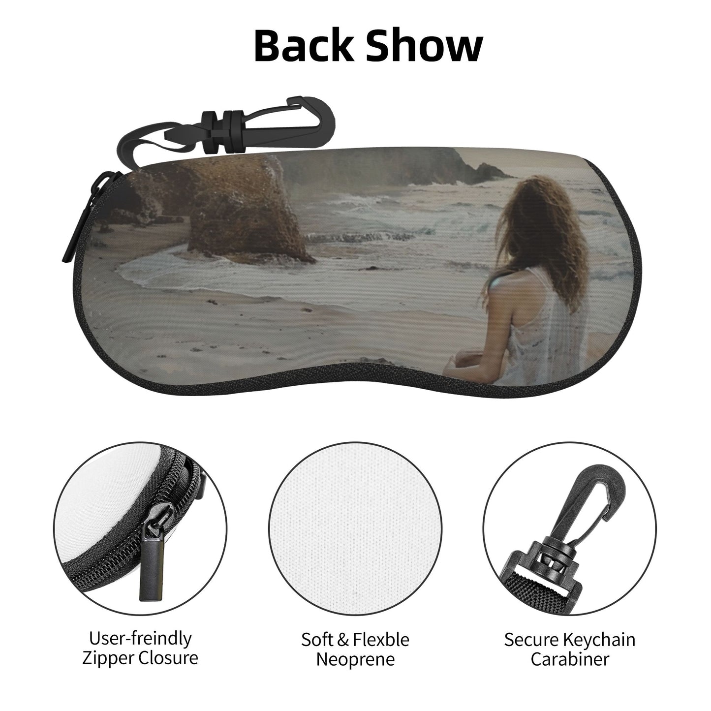 Beach Girl Photography Soft Shell Glasses Case – Zippered Eyewear Pouch with Clip, 6.7x3.1x1.4in